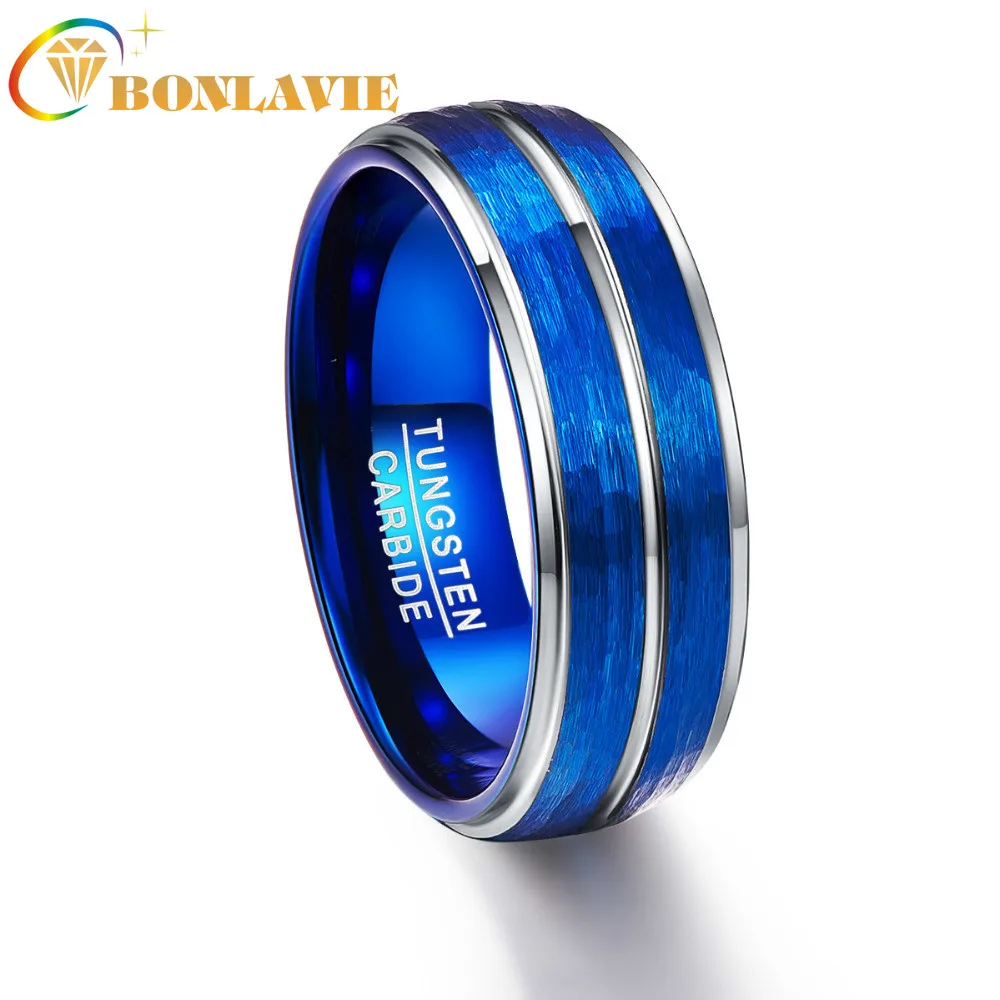 

BONLAVIE Men's Polished Grooved Tungsten Carbide Rings 8mm Blue Brushed Hammered Wedding Bands Step Edge Size 7-12