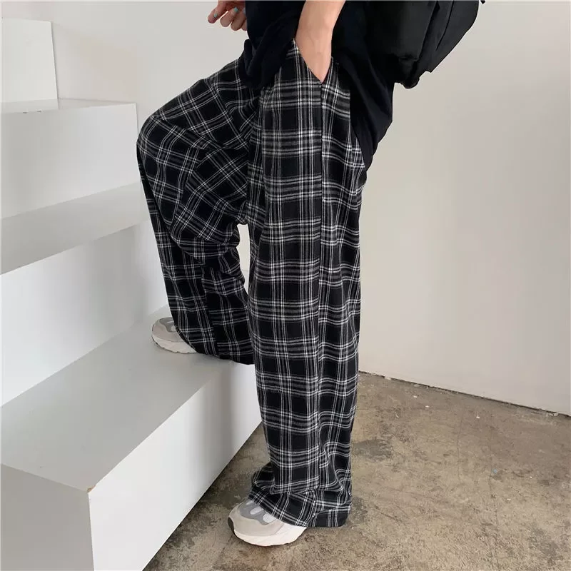 

Plaid Pants Women Casual Loose Wide Leg Trousers With Pocket Ins Retro Teens Straight Trousers Hip-hop Unisex Streetwear