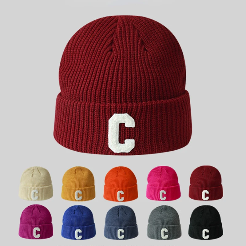

Простая однотонная Шапка-бини с надписью C, женская зимняя плотная теплая шапка, унисекс, уличные спортивные лыжные вязаные шапки, шапочки в ...