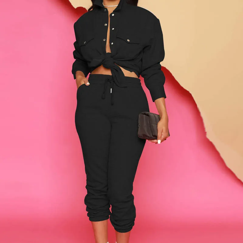 

Wepbel 2 Piece Sets Outfits Solid Color Elastic Trousers Sets Button Shirt Tops Sets Women Autumn Long Sleeve Shirts Loose Pants