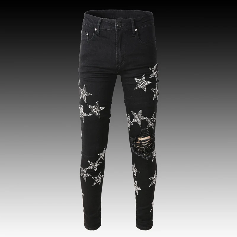 

Джинсы мужские в стиле ретро, модные рваные джинсы Slim Fit, эластичные Брендовые брюки из денима в стиле хип-хоп, светло-голубые, со звездами, за...