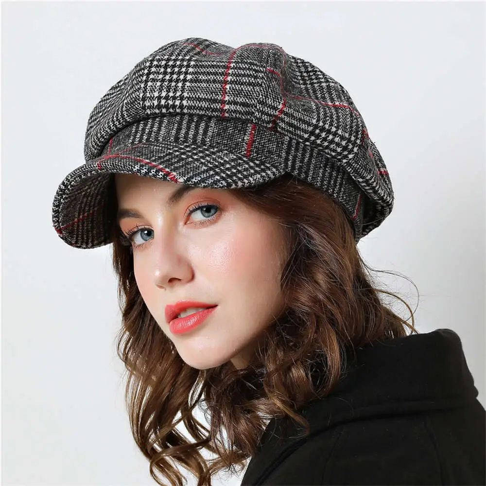 

Octagonal Hat for Female Simple Fashion Plaid Solid Color British Retro Adjustable Hard Edge Female's Beret Women's Newsboy Hats