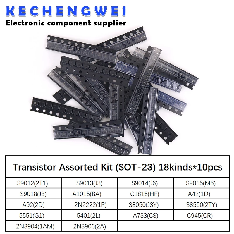 

Transistor Assorted Kit (SOT-23) 18kinds*10pcs=180pcs 2N2222 S9013 S9014 S9015 S9018 S8050 S8550 5551 5401 2N3904 2N3906 C1815