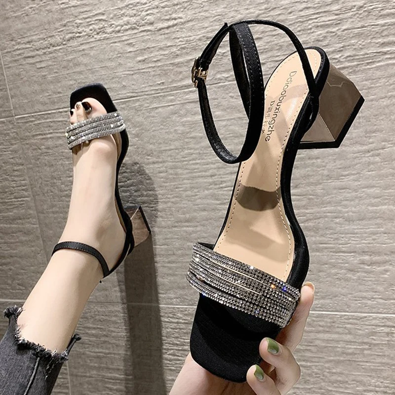

Crystal High Heels Chunky Square Toe Sandals Fashion 2022 Summer New Sexy Pumps Wedding Women Shoes Luxury Party Mujer Slides