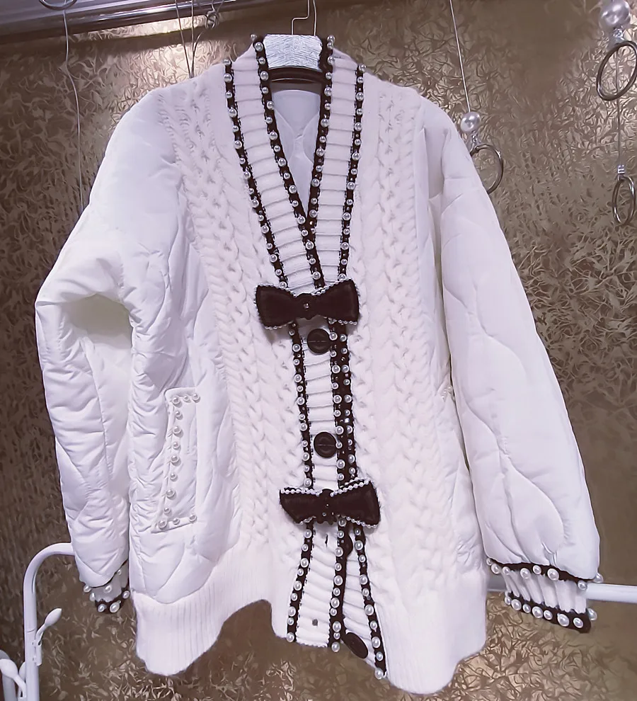 New Fashion Diamond Luxury Small Fragrant Bowknot Pearl Loose Cotton Padded Coat Large Size Warm