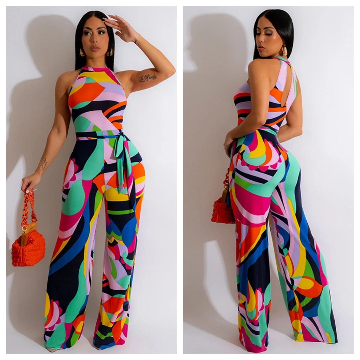 

Fashion Women Tie Dye Print Sleeveless with Sashes Wide Leg Elastic Jumpsuit 2023 Summer Playsuit One Piece Suit Romper