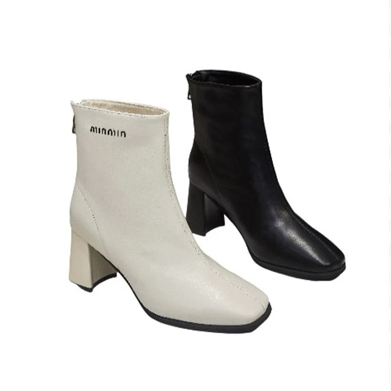 Женские ботильоны на высоком каблуке с квадратным носком кожаная зимняя обувь
