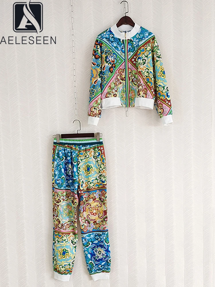 

AELESEEN High Quality Autumn Winter Set Women Zipper Flower Letters Print Jacket + Waist Elastic Pants 2 Pieces Casual Set