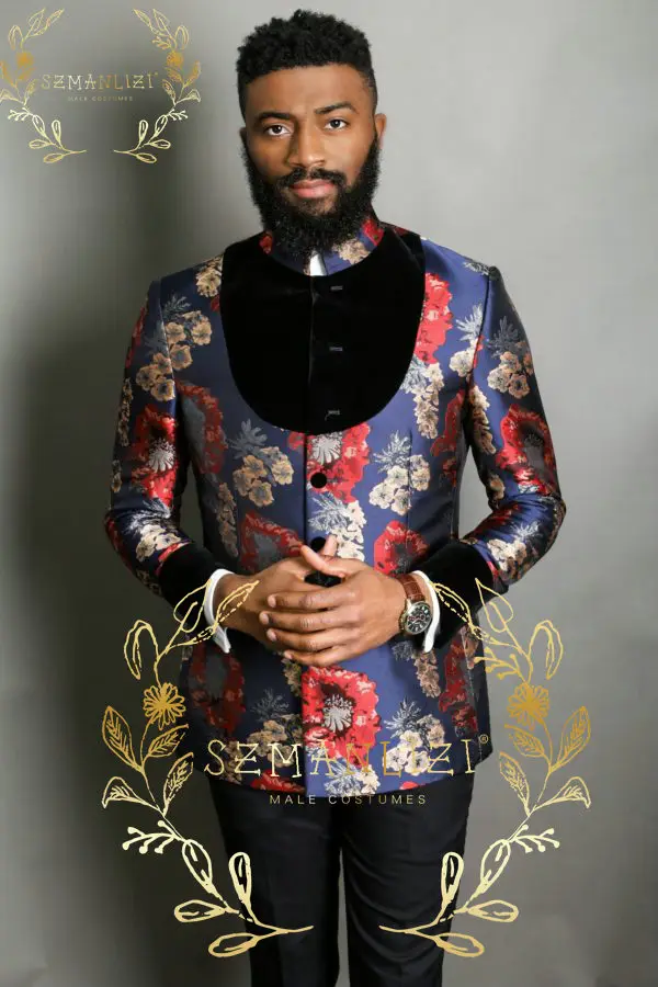 Classic Design Navy Blue Floral Jacket Men Suit Slim Fit Wedding Suit For Men Groom Stand Collar Tuxedo African Wedding Wear