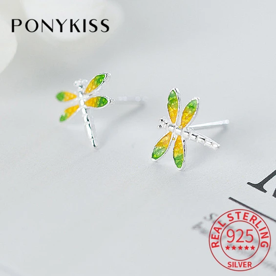 

Серьги PONYKISS из настоящего серебра 925 пробы с эмалью в виде стрекозы, женские модные милые ювелирные изделия, Минималистичная бижутерия