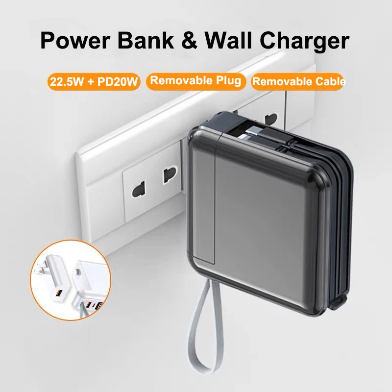 Фото Power Bank 30000 мАч с кабелем, вилкой переменного тока, настенное зарядное устройство, 22,5 Вт, быстрая зарядка, внешний аккумулятор для iPhone 16, Samsung Xiaomi №3