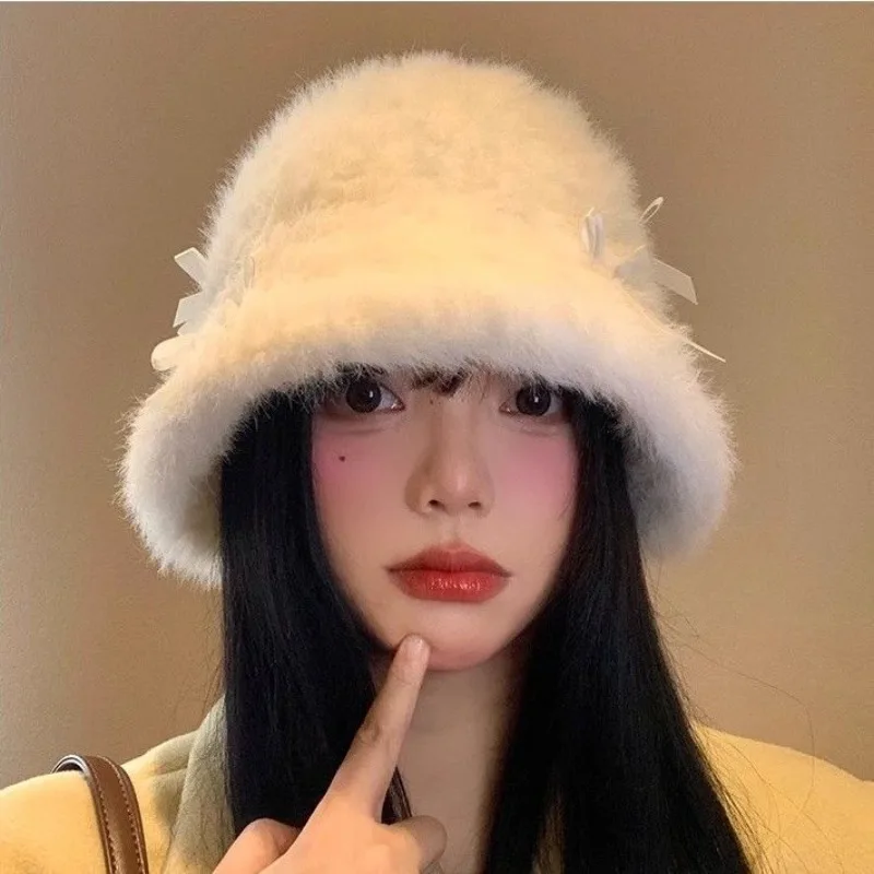 Милые популярные шляпы-ведра из искусственного меха с бантом для девочек женские