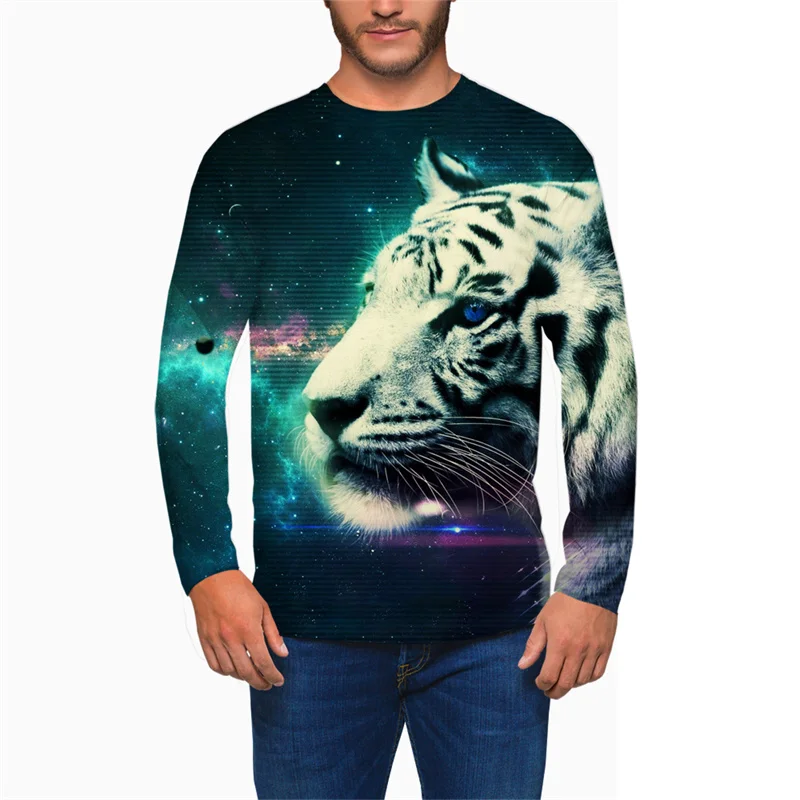 

Round Neck Animal Tiger Printing Pattern Men's Casual Tees Tshirt Tops Oversized Autumn New Streetwear Long Sleeve T-Shirt