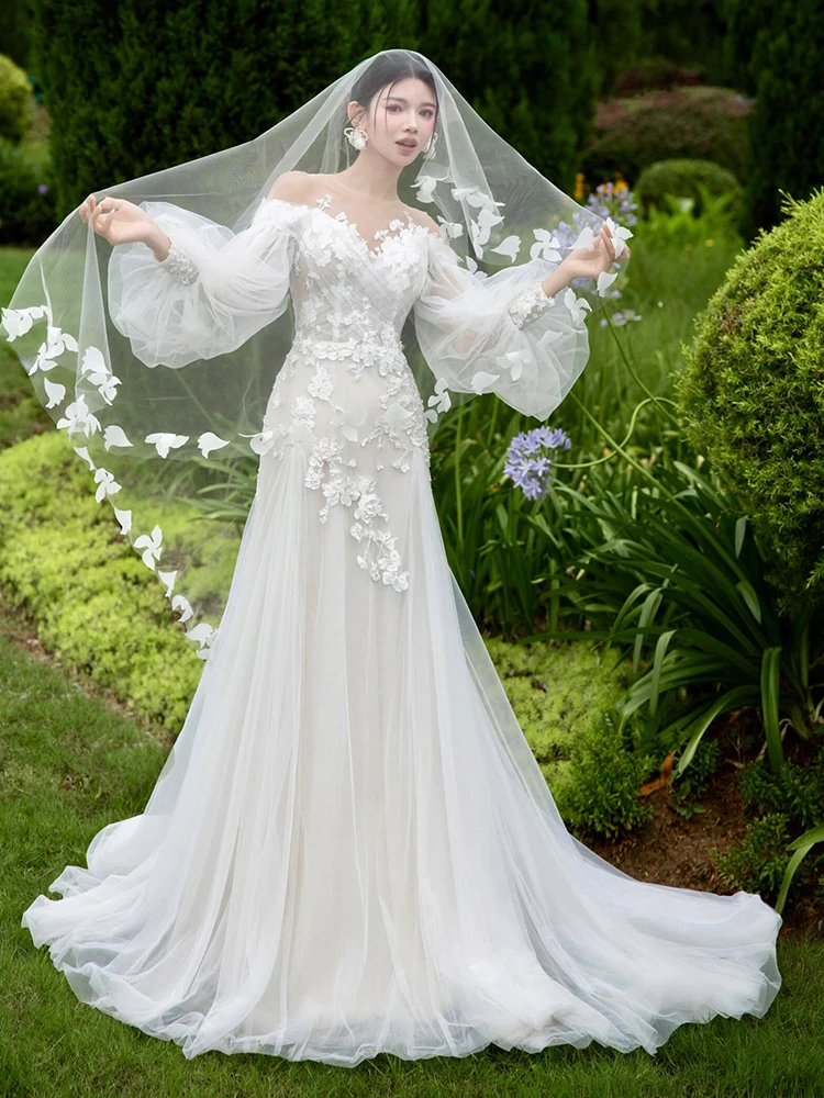 French sle off-Shoulder Light Wedding Dress Mori look Immortal High-Grade Lace Long sleeve Welcome Formal Bri...