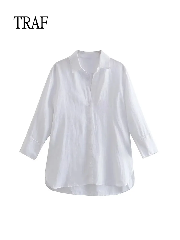 

Женская льняная рубашка с длинным рукавом, на пуговицах