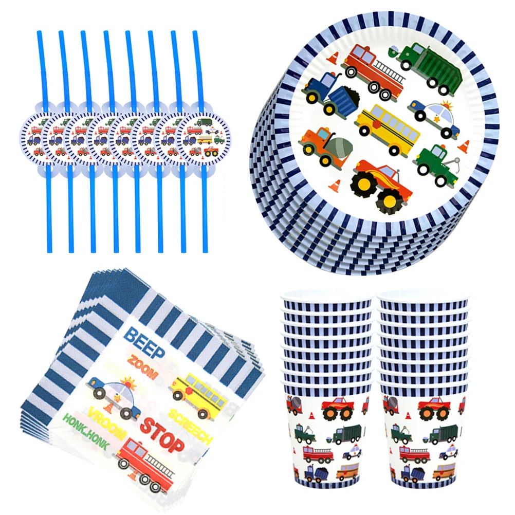 

Paper Party Tableware Plates Set Birthday Napkins Construction Supplies Traffic Transportation Cup Car Vehicle Water Cups Plate