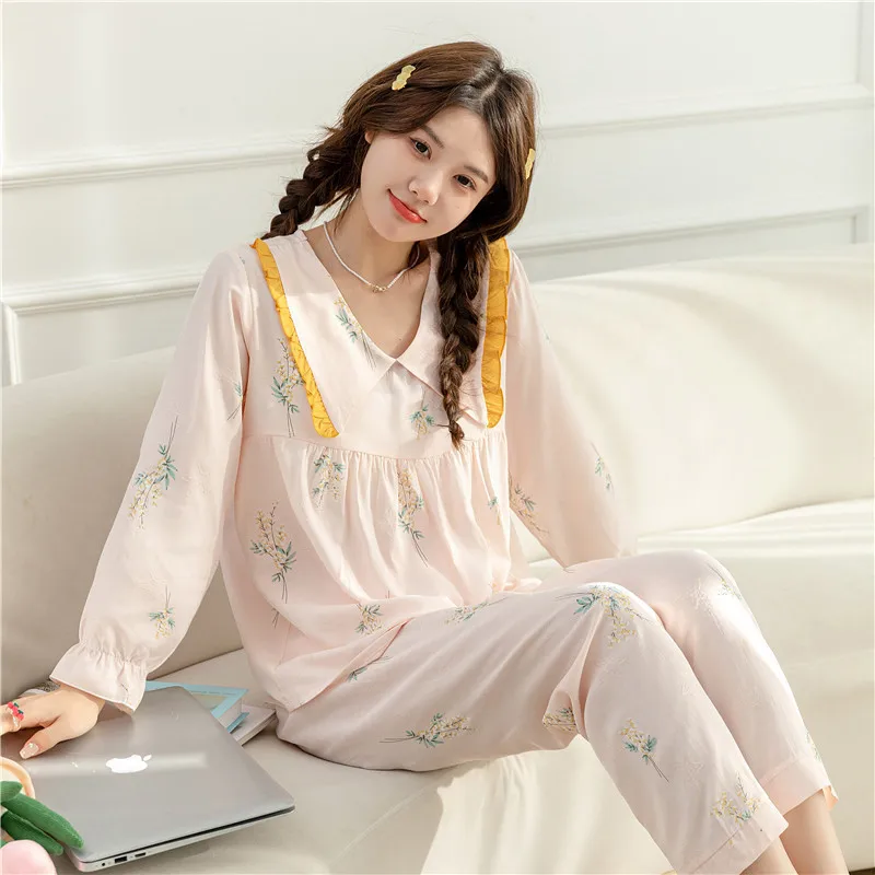 Spring Silk Women's Pajamas 2023 Spring and Summer New Long-Sleeved Trousers V-neck Pullover Cute Girl Homewear Suit