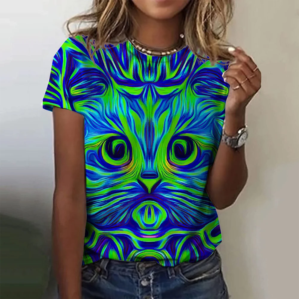 

Fashion Womens T-shirt 3D Kawaii Cat Print Colorful Tees Tops 2023 New Harujuku Animal Short Sleeve T Shirts Loose Woman Clothes