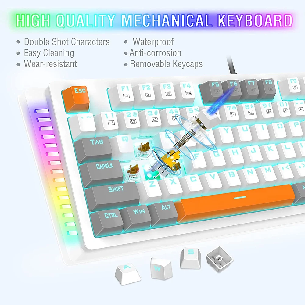 wired mechanical gaming keyboard 3 colors keycap 87 keys outemu switch blue backlit rgb side light for mac pc windows xp810 free global shipping