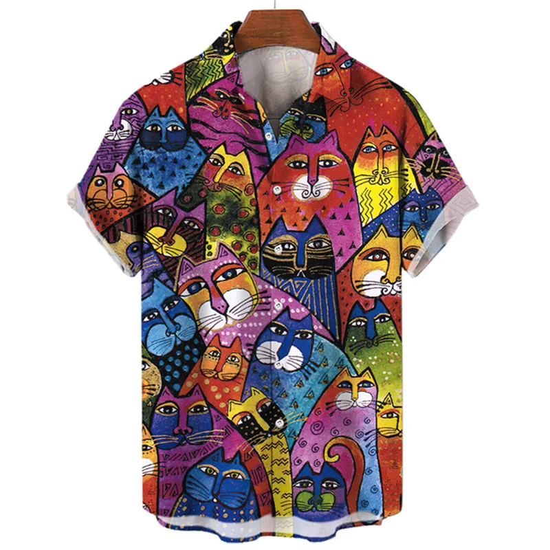 2023 Casual Animal Cat Pattern Shirt 3D Polo Collar Hawaiian Shirt Men's Vintage Short Sleeve Anime Tops Cartoon Men's Clothing images - 6