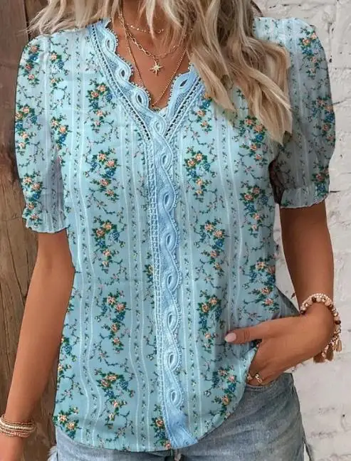 

Женский кружевной пуловер с V-образным вырезом и коротким рукавом