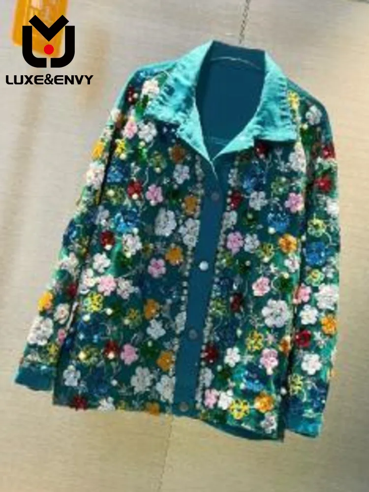 

LUXE&ENVY Spring Autumn 2023 New Westernized Denim Coat Women's Heavy Industry Diamond Embedding Flower Sequin Loose Denim Top