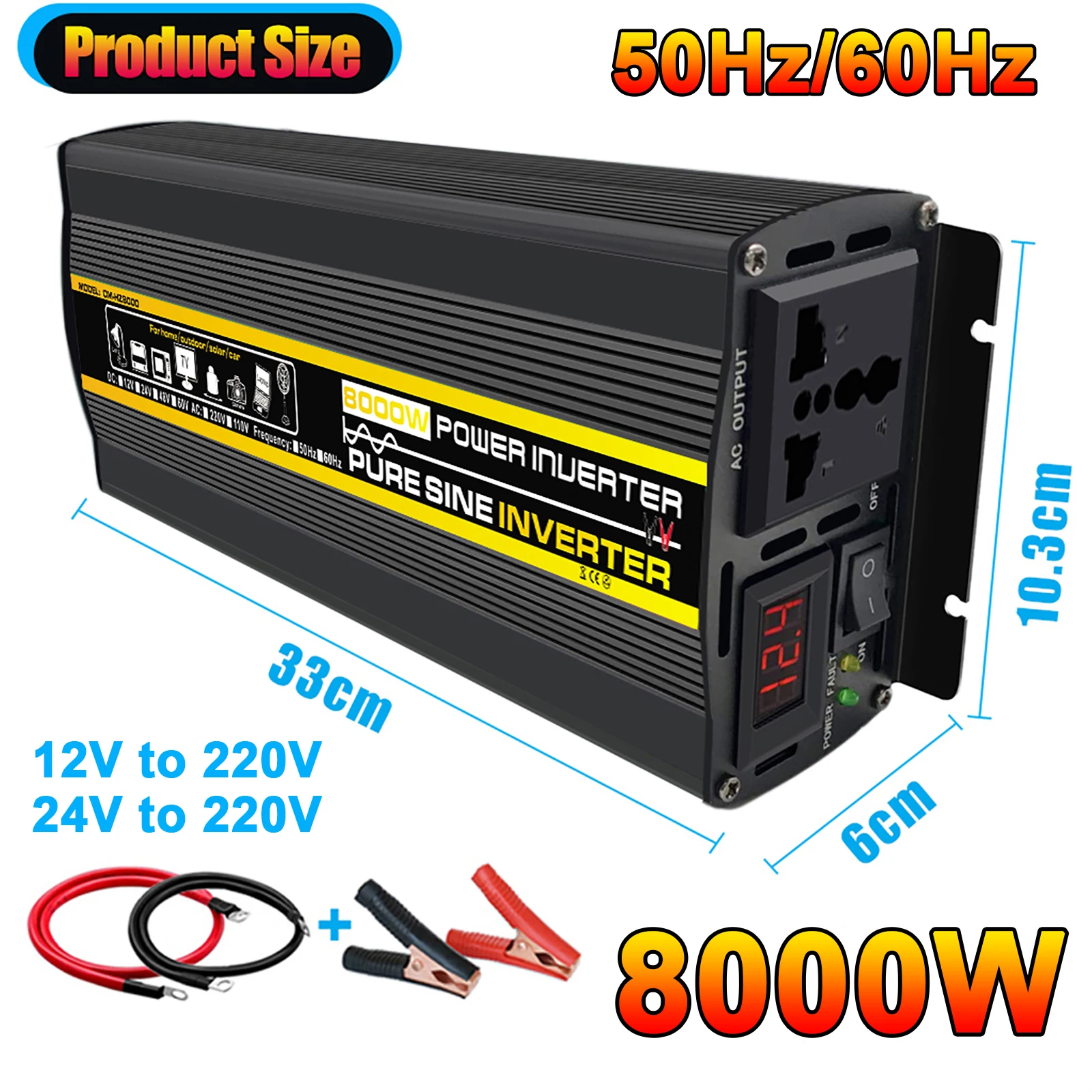 

8000W 12V 24V To 220V Pure Sine Wave Inverter Power Inverter Universal Socket Converter for Home Outdoor Solar System 50hz 60hz