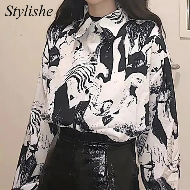 Женская рубашка с длинным рукавом и принтом в стиле Харадзюку | одежда