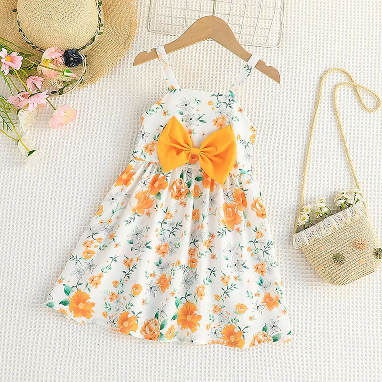 

Toddler Girls Sleeveless Floral Prints Summer Beach Sundress Child Vacation Sling Dress Bow Party Dresses Girls Dresses 1-6Y