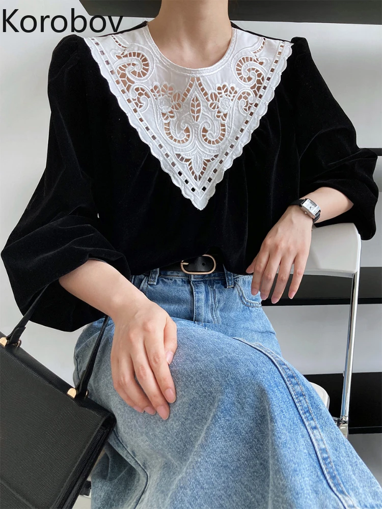 

Korobov French Vintage Court Style Tops Chic Lace Gold Velvet Puff Sleeves Blouses Temperament Autumn Blusas Mujer De Moda 2022