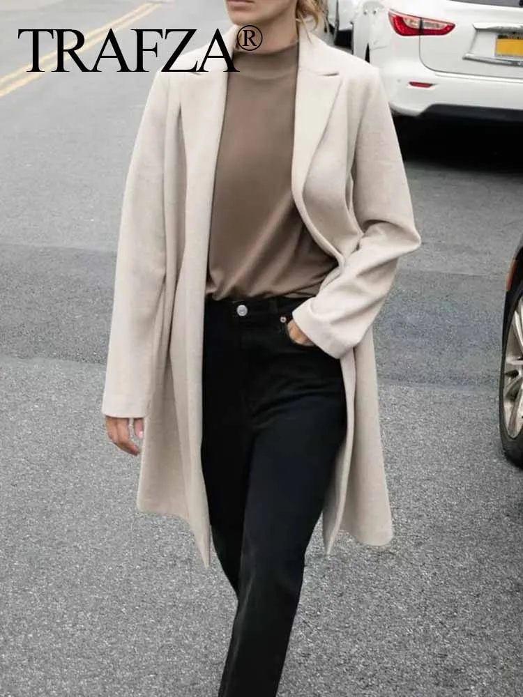 

TRAFZA Woman Elegant Autumn Winter Vintage Solid Color Lapel Warm Long Windbreaker Clothing Woman's Chic Long Sleeve Coat