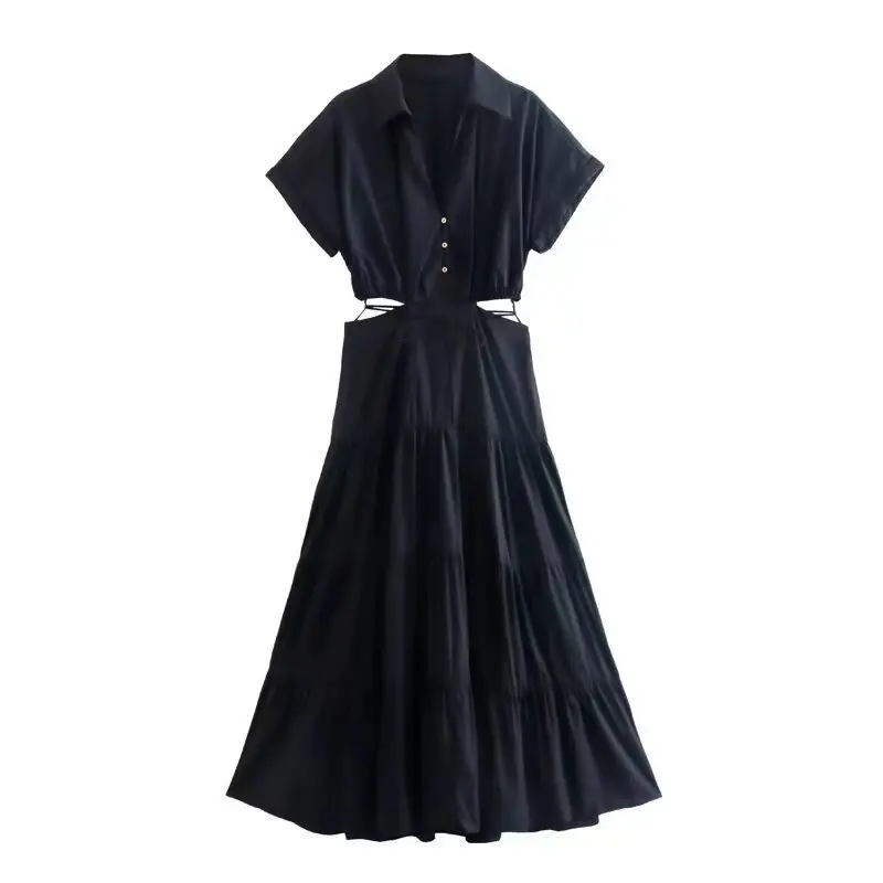 

Black Vintage Stylish Waist Cut Midi Dress Elegant Women Dresses V Neck Short Sleeve Oversized Loose Casual Sundress Female Robe