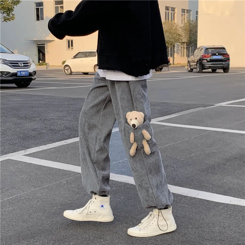 Prowow Spring Autumn New Men Corduroy Pants Streetwear Joggers Solid 2021 Drawstring Vintage Small Bear Loose Trousers S-3XL