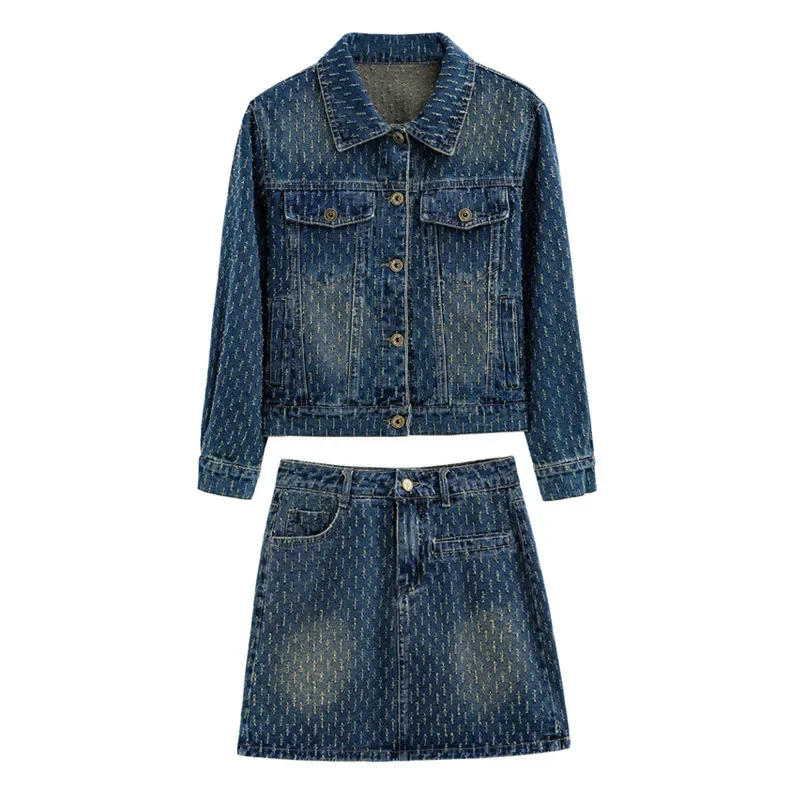 Новинка осени 2024 женская модная Потертая джинсовая куртка комплект из 2