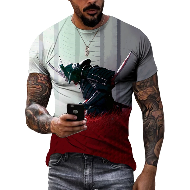 

Summer Men's Samurai Pattern Print T-shirt Handsome Street Hip-hop Round Neck Top Casual Fashion Personality Short-sleeved Cloth