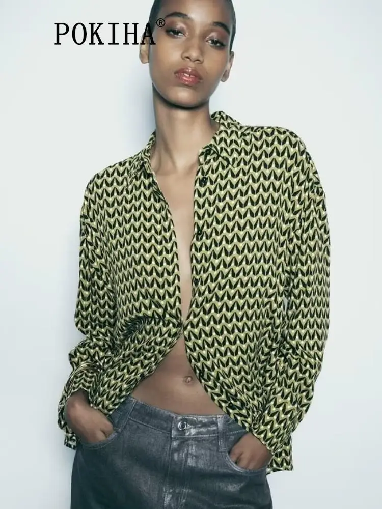 

Pokiha Модные женские новые элегантные свободные рубашки с геометрическим принтом винтажные женские блузки с длинным рукавом на пуговицах блузки шикарные топы