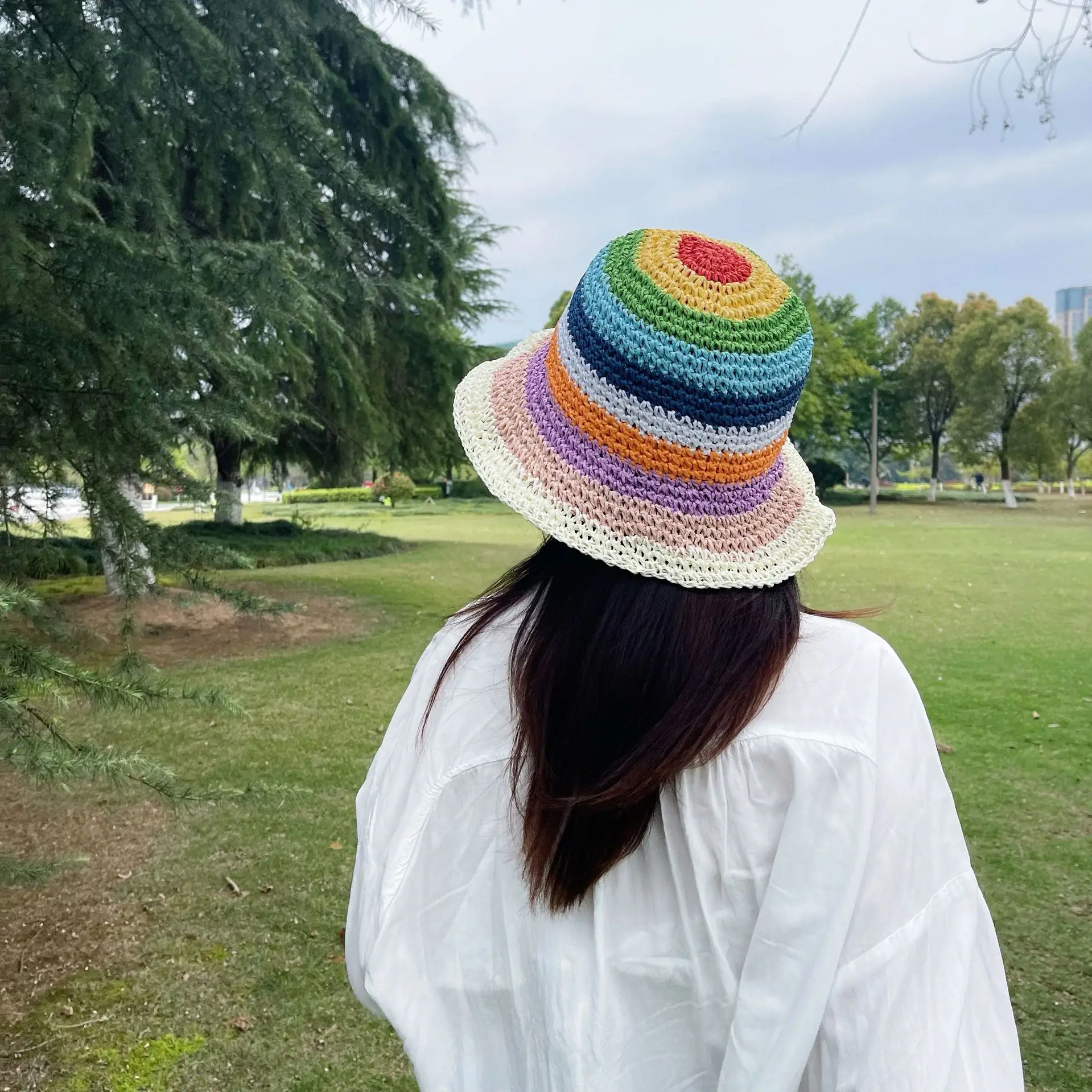 

Шляпа женская Соломенная в полоску, Панама от солнца в японском стиле, Радужная, для путешествий, пляжа, летняя