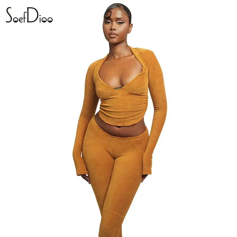 

Soefdioo Corduroy 3 Piece Sets Women Sexy Halter Tank Tops+Long Sleeve Smock+Pants Mathed 2023 Winter Street Outfits Tracksuits