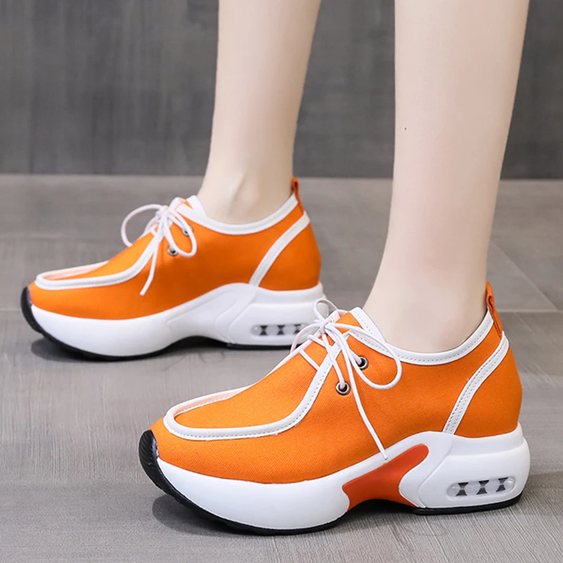 

Women Autumn Platform Orange Sneakers 2022 New Canvas Lace Up Casual Shoes Woman Breathable Height Increasing Vulcanized Shoes