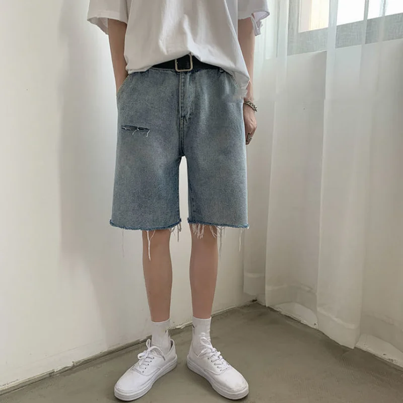 Denim Shorts Men's Loose Fashion Pierced Jeans Summer Thin Five Point Pants Handsome Straight Trousers Male Bottoms Plus Size