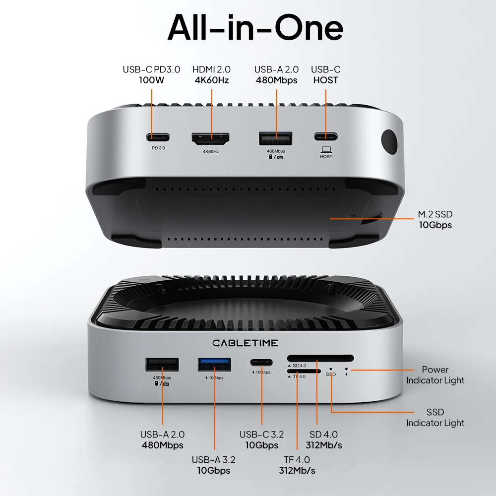 Фото Док-станция CABLETIME для Mac Mini M4, 4K@60Гц, быстрая передача данных 10 Гбит/с, M.2 SSD, SD/TF 4.0, док-станция для расширения хранилища до 8 ТБ №4