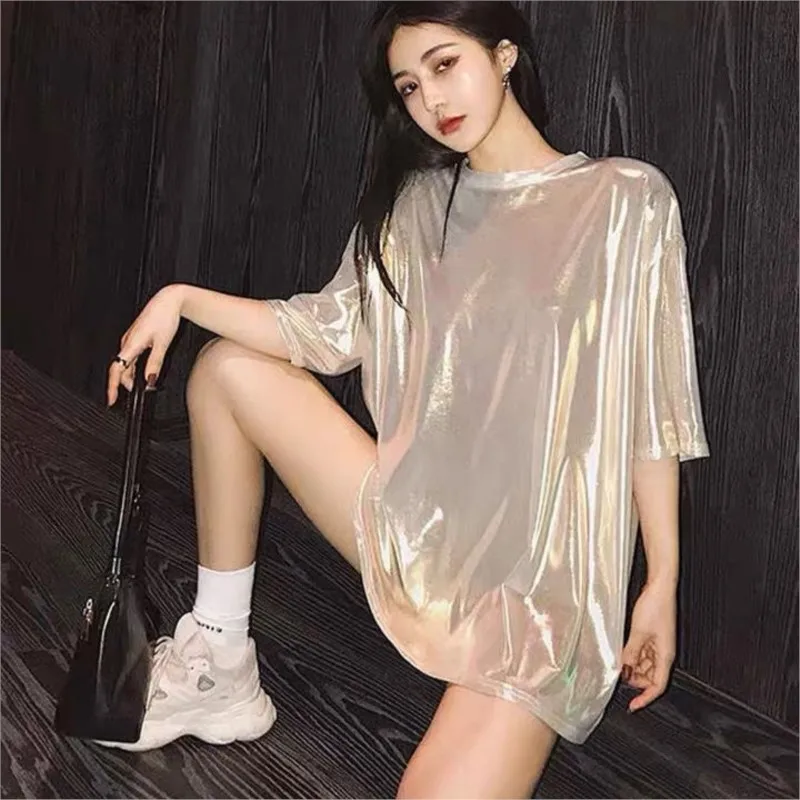 

2022 Spring New Glittering T-shirt Trendy Brand Hip-hop Mid-length Loose Women Student Short-sleeved O-neck Casual Tops Tees