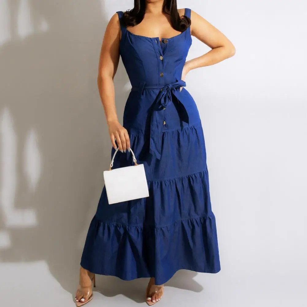 

Backless Summer Dress Solid Color Women Dress Square Neck Denim Lady Dress Big Hem Patchwork Maxi Dress Party Clothes فستان