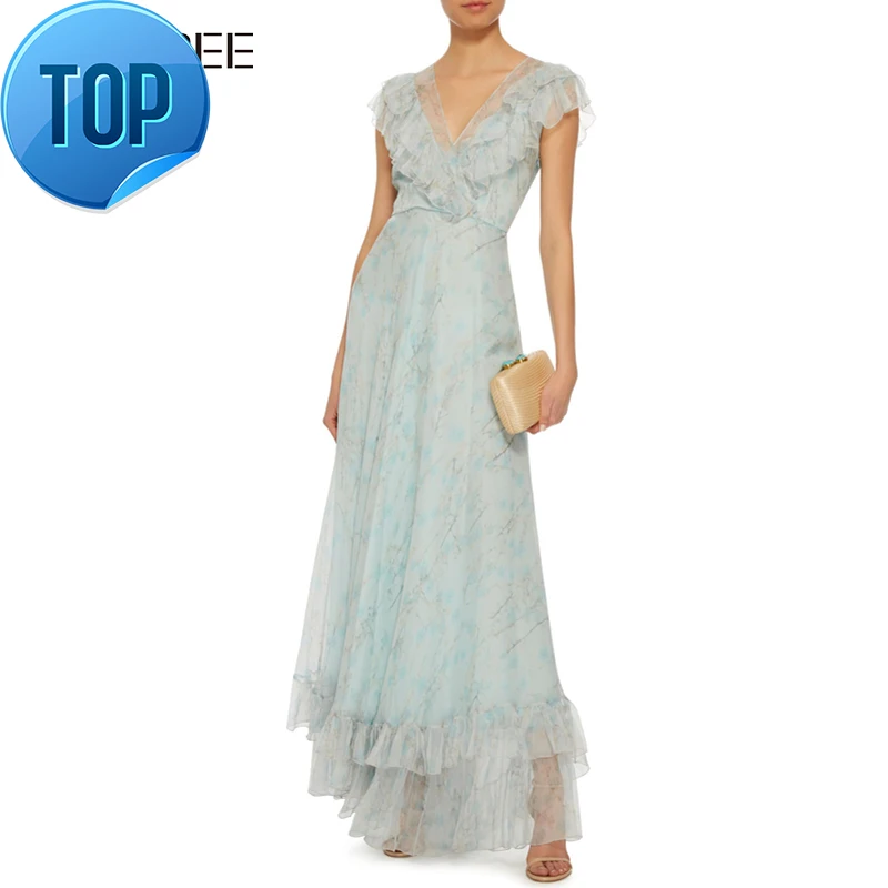 Floral Summer Vintage Printed Blue Cascading Ruffle Pleated Long Women 2023 Elegant Bow V-neck Maxi Runway Dress