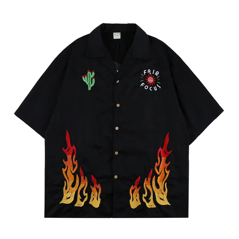 

New 2022 Men Fire Flame Embroidered Cactus Jack astroworld Fashion Cotton Casual Shirts Shirt high Short-sleeves Top S XL #A426