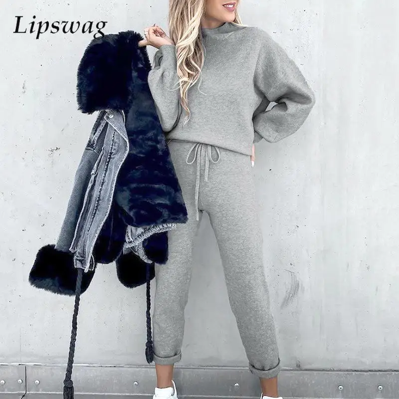 

Casual Two Piece Running Set Fall Spring Women High Collar Long Sleeve Tops+Long Pants Set Fashion Solid Color Female Tracksuit