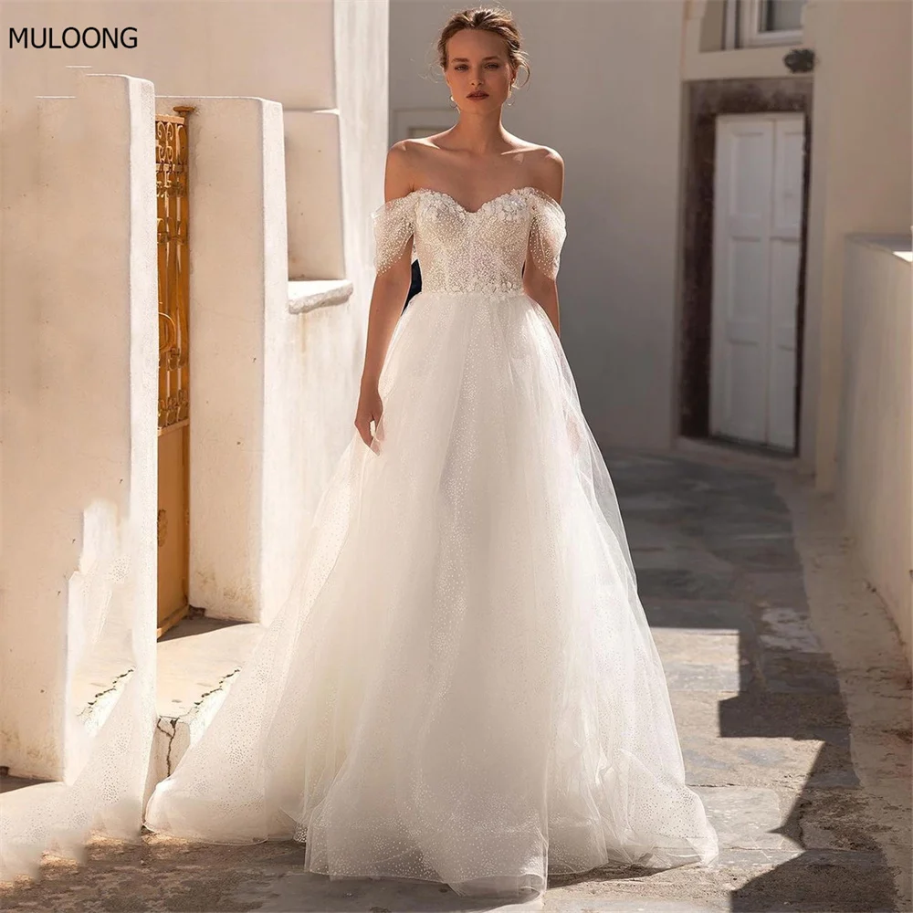 

MULOONG Elegant Sweetheart Sequined Off The Shoulder Lace Appliques A Line Long Wedding Dress Floor Length Sweep Train Gown New