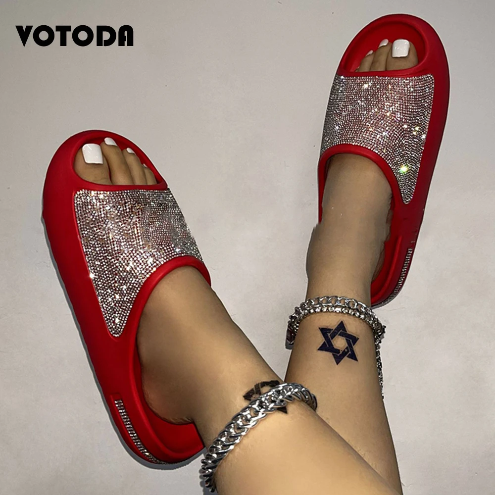 Summer Women Rhinestone Slippers Designer Bling Diamond Slides Platform Non-slip Outdoor Casual Shoes High-quality Flat Sandals