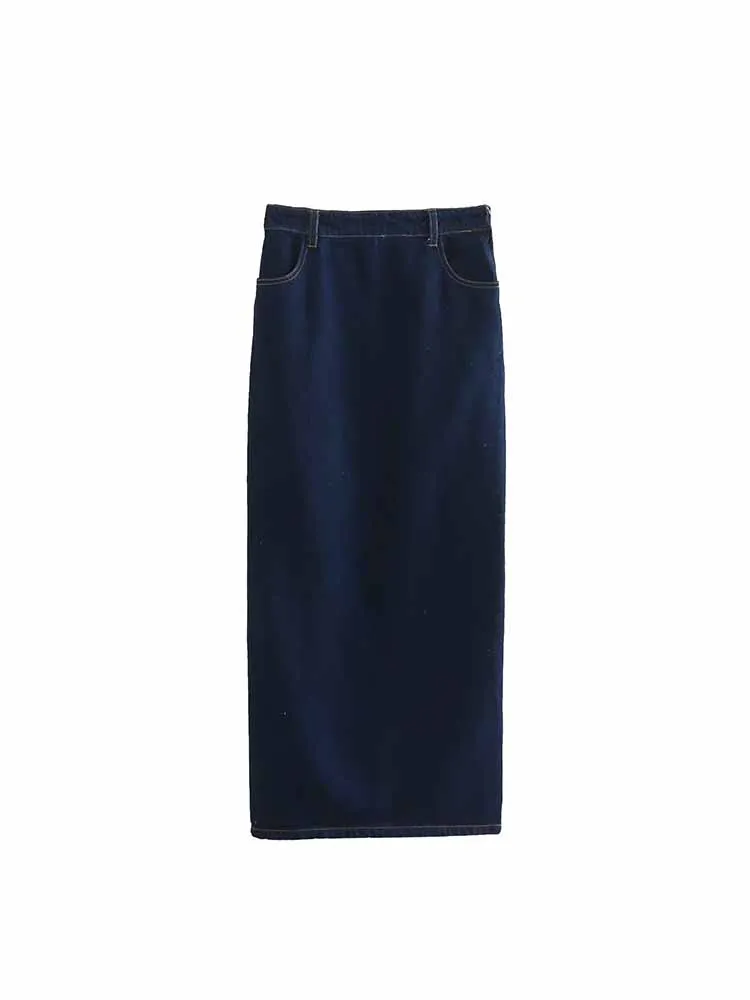 

BSK&ZA&TRF Women 2023 New Chic Fashion Split design Denim Midi Skirt Vintage High Waist Side Zipper Female Skirts Mujer 2553/048