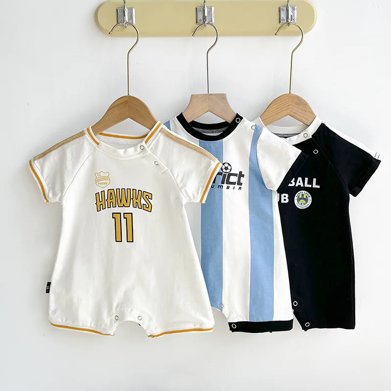 

Baby Boys Football Jumpsuit Summer Infant Short Sleeve Sports Romper Toddler Letter Print Bodysuit Cotton Newborn Clothes